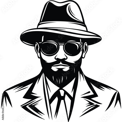 man with a beard in a suit and fedora is confidently staring