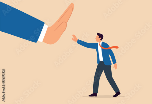 Rejection, decline or refuse in conversation, say no or disapprove, disagreement, deny request or manager decision authority, , businessman hand reject or deny employee request