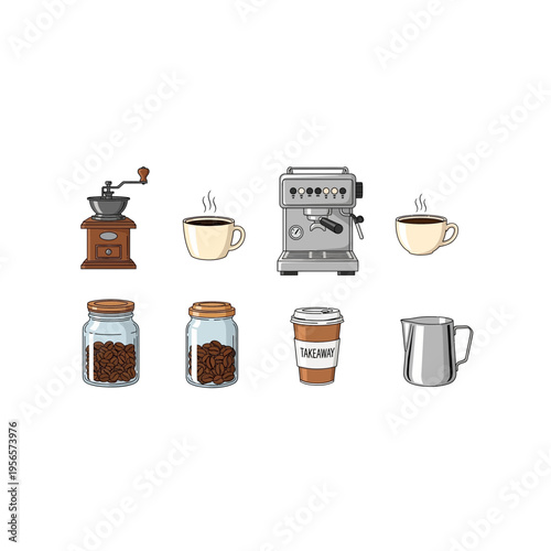 Pixel Art Coffee Items Collection: Grinder, Cups, Machine, Beans