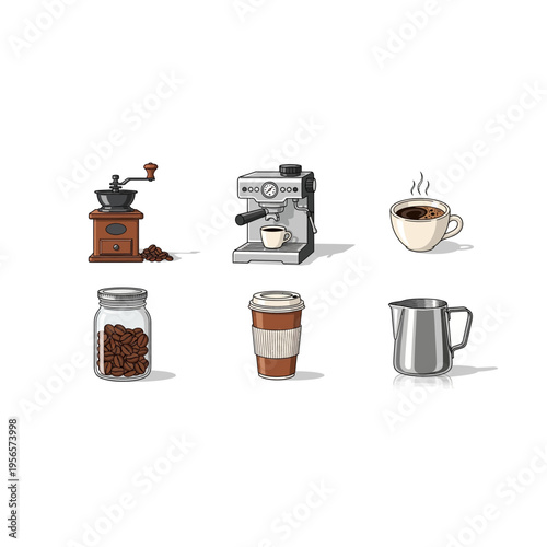 Retro Pixel Art Coffee Brewing and Drinking Elements Set