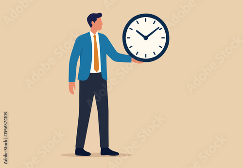 Punctuality, being on time for appointment or schedule, finish work within deadline or timing, meeting reminder or time management concept, punctual businessman holding clock with precise timing