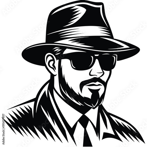 Man with goatee and sunglasses wears hat and jacket in monochrome style