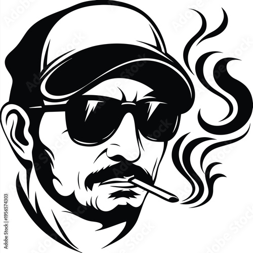 Man with cap and sunglasses smokes a cigarette with smoke swirling around