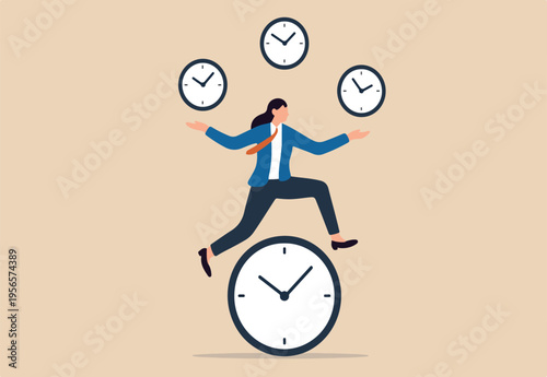 Time management for best efficiency and productivity, manage project and control timeline or schedule, speed or fast work concept, businesswoman juggling clocks and balance herself on the clock