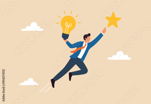 Creativity or innovation to help reach business goal, lightbulb idea to success, leadership to get solution to achieve goal, smart businessman flying with lightbulb idea to catch star in the sky.