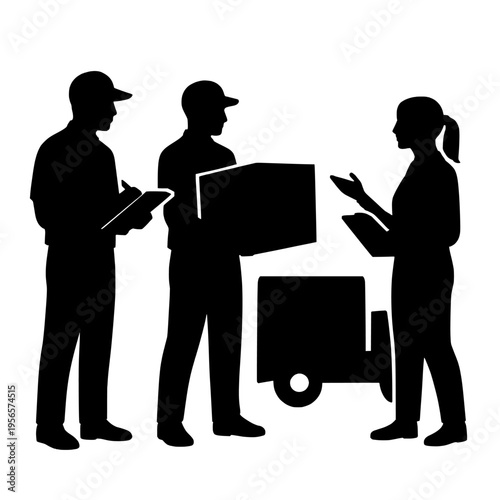 Silhouette of people with a delivery cart and box
