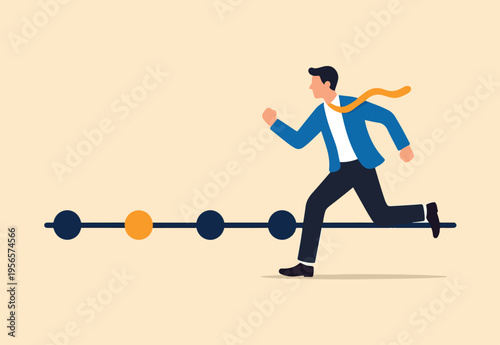Timeline project planning, work progress milestone or step to success, plan or strategy diagram, business journey or process to reach goal concept, businessman running on project timeline milestones