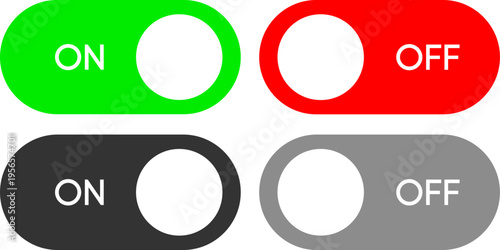 On and Off Toggle Switch Icon Set, Green and Red Slider Button Vector, Minimalist Power Switch Symbol for UI Design, App Settings, and User Interface Elements