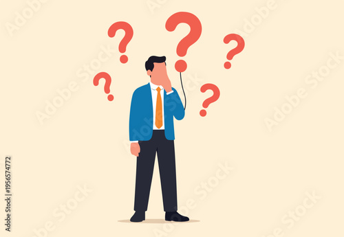Question marks, finding solution or search for answer, solving problem or curiosity, questionnaire, FAQ or uncertainty concept, doubtful businessman holding question marks balloon look for solutions