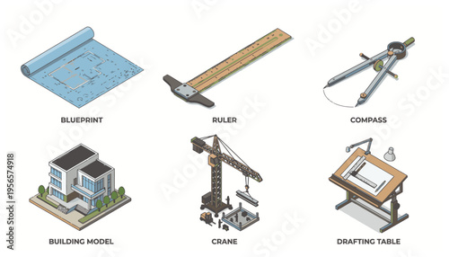 Isometric illustrations of architectural and construction tools and elements including blueprint, ruler, compass, building model, crane, and drafting table.