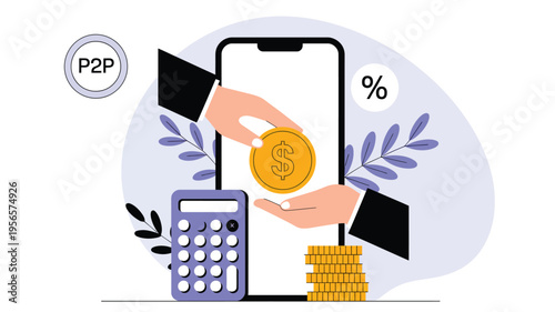 digital payment and money transfer flat illustration showing hand exchanging coins with smartphone calculator p2p finance concept on light background