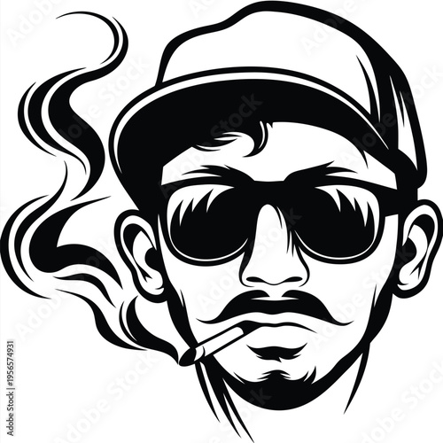 Monochromatic man wearing shades and a cap smokes a cigarette with stylish smoke