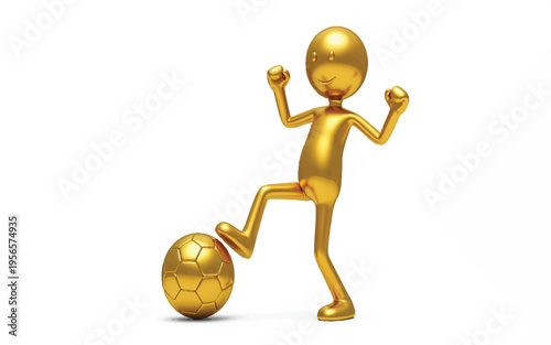 Golden cartoon character kicking a soccer ball with a joyful expression and raised fists