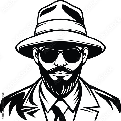 Monochromatic man with beard, sunglasses, and fedora radiates cool confidence forward facing