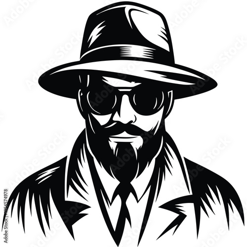 Monochrome art shows mysterious man in hat, coat, and sunglasses