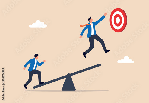 Manager support, effort to help partner reaching goal, assistance to get solution, teamwork or collaboration for success, businessman manager jump on seesaw help colleague jump high to reach target