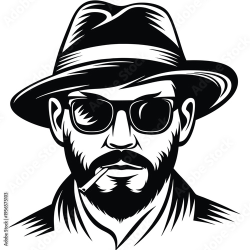 Monochrome bearded man in fedora and sunglasses smokes, creating an iconic silhouette
