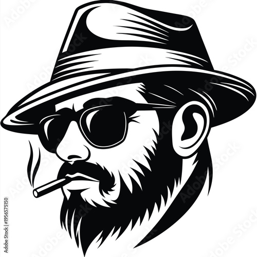 Monochrome bearded man with fedora and sunglasses smokes a cigarette, showcasing bold lines