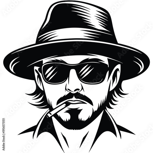 Monochrome bearded man wearing hat and sunglasses smoking looks intensely forward in high contrast
