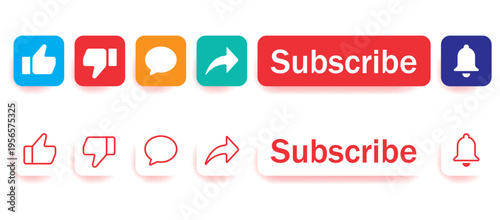 Social media engagement buttons with like comment share and subscribe with bell icon. like, comment, share, bellicon