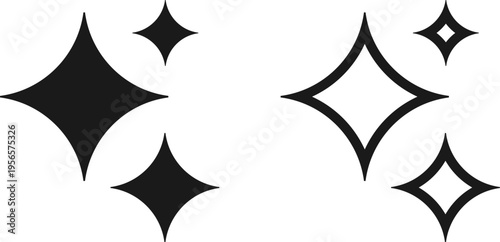Sparkle Icon Set for AI and Magic Effects. Black Solid and Outline Star Symbols, Vector Decorative Elements for Generative AI, UI Design, and Photo Editing -9.eps