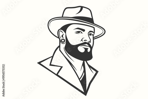 Monochrome depicts a serious bearded man wearing a hat and jacket