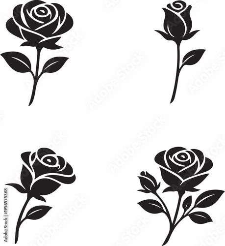 Rose flower silhouette set minimal line art vector illustration floral collection elegant botanical decorative design