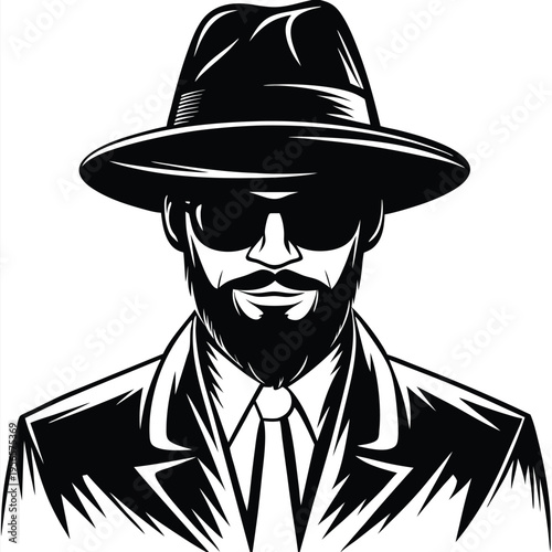 Monochrome drawing depicts a bearded man wearing a fedora hat and dark sunglasses