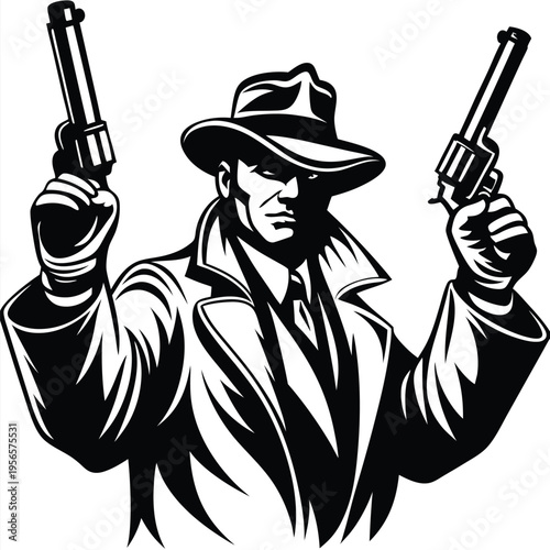 Monochrome gangster in a fedora and coat confidently holds pistols ready to fire