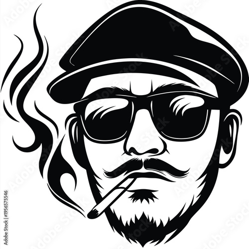 Monochrome gentleman in cap wearing sunglasses enjoys a cigarette with smoke for added style