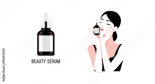 Woman applying beauty serum in minimalist flat illustration style with soft pink accents in simple modern design for skincare advertising