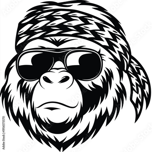 Monochrome gorilla wearing sunglasses and a bandana exhibits a cool, rebellious attitude icon