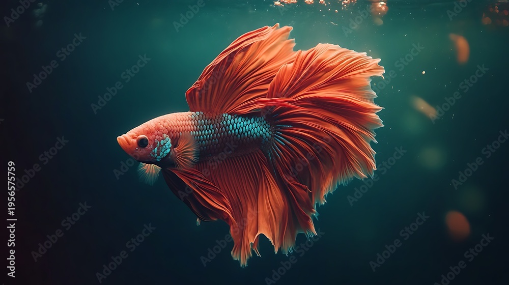 Fototapeta premium The Majestic Orange Betta Fish Swimming in the Dark Water with Its Beautiful Fins