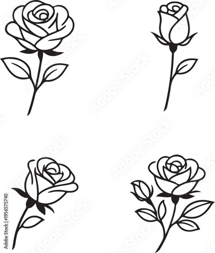 Rose flower silhouette set minimal line art vector illustration black floral bundle decorative elegant bloom design
