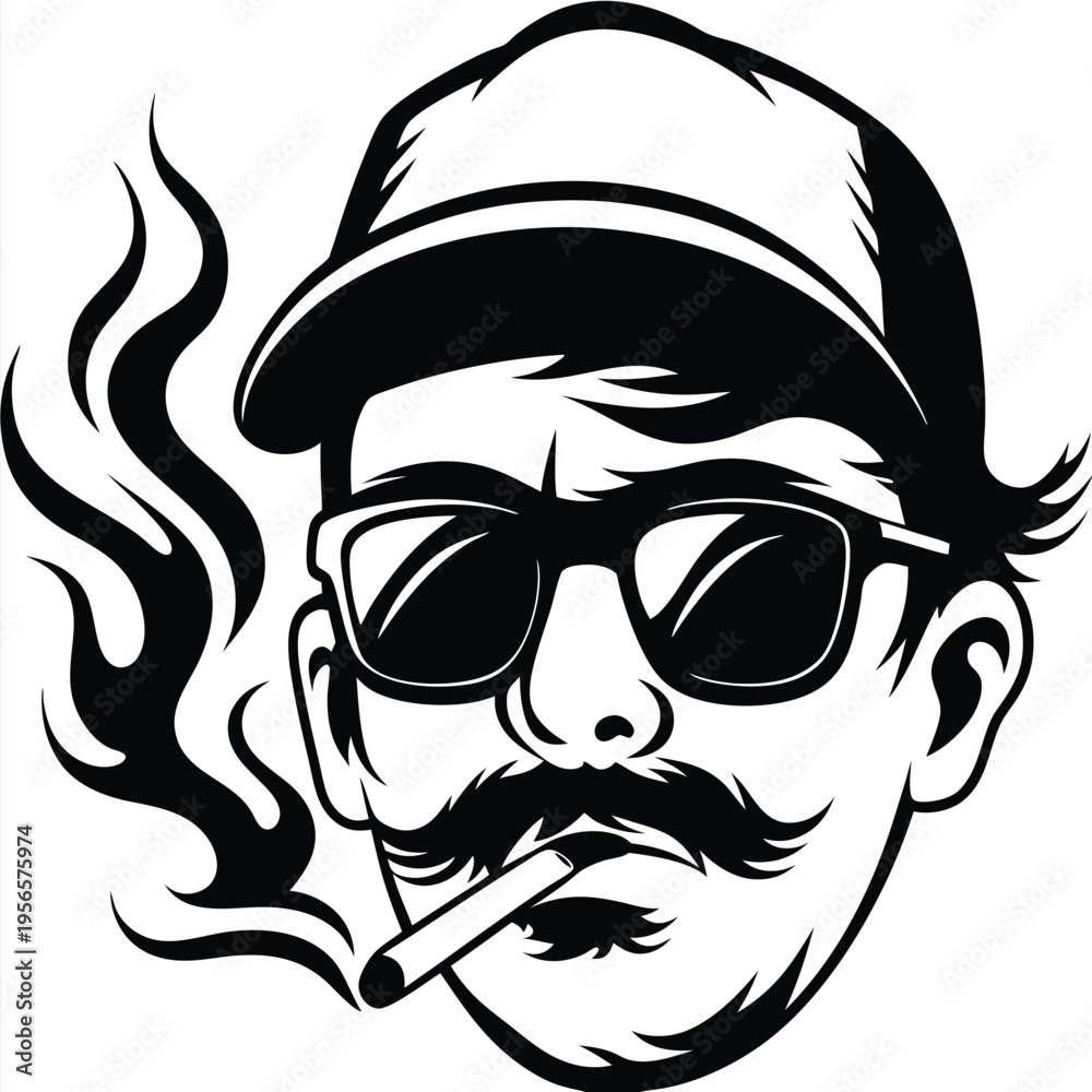 Fototapeta premium Monochrome man wearing a cap and glasses smoking a cigar produces smoke
