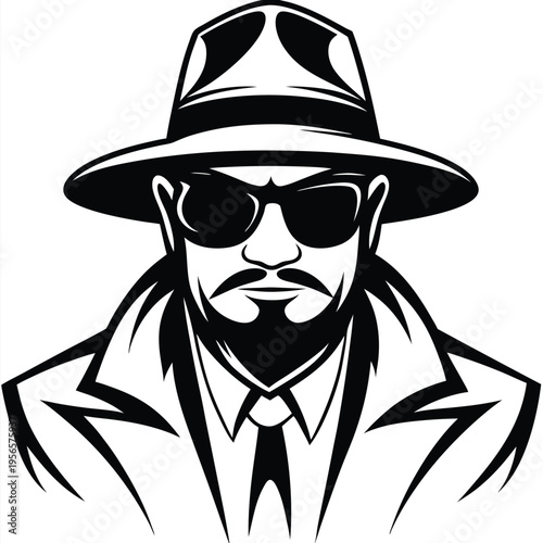 Monochrome man sporting a fedora, sunglasses, coat, beard, and tie stares ahead confidently