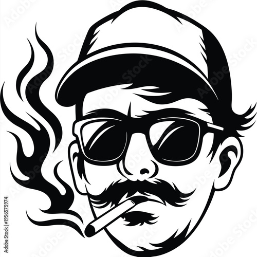 Monochrome man wearing a cap and glasses smoking a cigar produces smoke