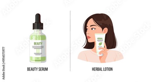 Woman applying herbal lotion from tube in cartoon style with soft natural lighting for skincare advertising