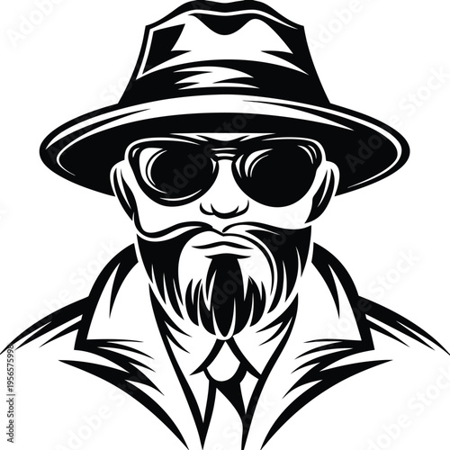 Monochrome illustration features a man with fedora, sunglasses, beard and tie