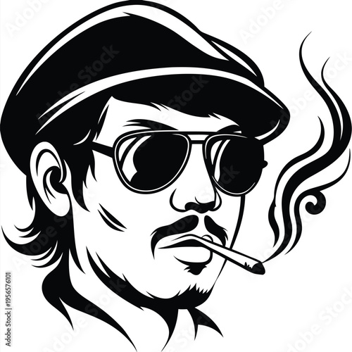 Monochrome man wearing sunglasses smokes a cigarette with hat and mustache artfully