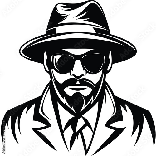 Monochrome man with a fedora, beard, mustache, sunglasses, and coat emanates timeless cool