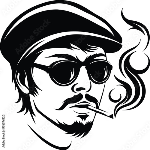Monochrome man with mustache and beard is smoking a pipe wearing glasses and cap