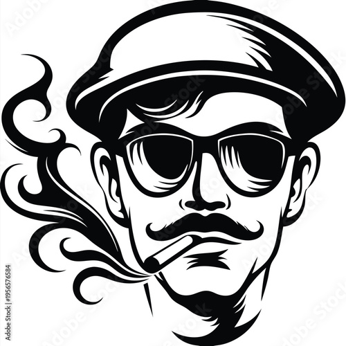 Monochrome man with mustache in cap smoking cigar with smoke swirls out of his mouth