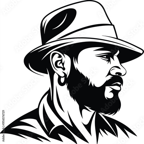 Monochrome man with beard wears hat, jewelry, and serious look in format