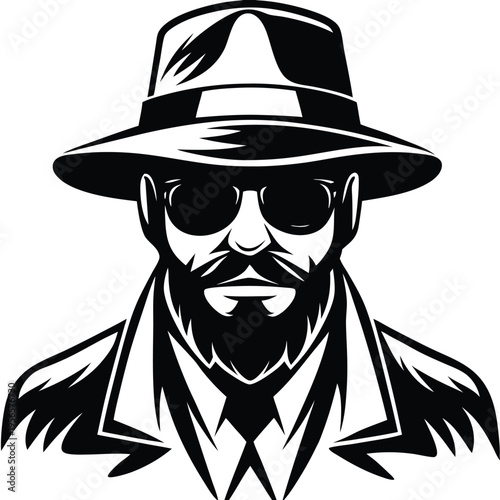 Monochrome man with sunglasses, a hat, a beard and a coat looks stern
