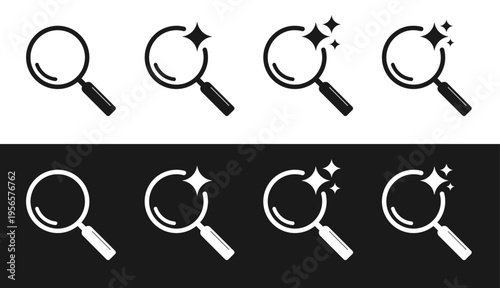 Illustration of set of magnifying glasses with and without stars and sparkles that represents search icon and Ai search icon can be use as an ui element for websites and applications. -27.eps