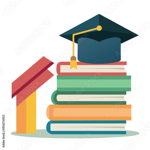 stacked books with graduation cap and upward growth arrow