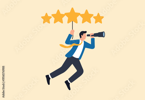 Evaluation or performance rating, reputation or customer satisfaction review, quality feedback or best service, positive stars rating, businessman flying with stars rating balloon look for future