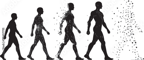 Human Evolution Transforming into Artificial Intelligence and Data Network Concept Silhouette Sequence Isolated on White Background