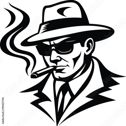 Monochrome mobster smokes a cigar while wearing sunglasses and a stylish hat